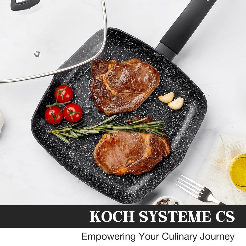 KOCH SYSTEME CS 9.5 Inch Nonstick Grill Pan for Stove Tops, Marble Coating Square Grill Skillet with Lid, Fry Pan Compatible with all Stoves, Ultimate Nonstick Skillet with Bakelite Handle, Toxic-Free - Image 2